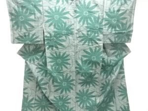 アンティーク　花模様織り出し手織り紬着物